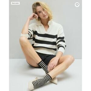 Quince Striped Organic Cotton Polo Sweater Cream Black Cropped XS SGK001